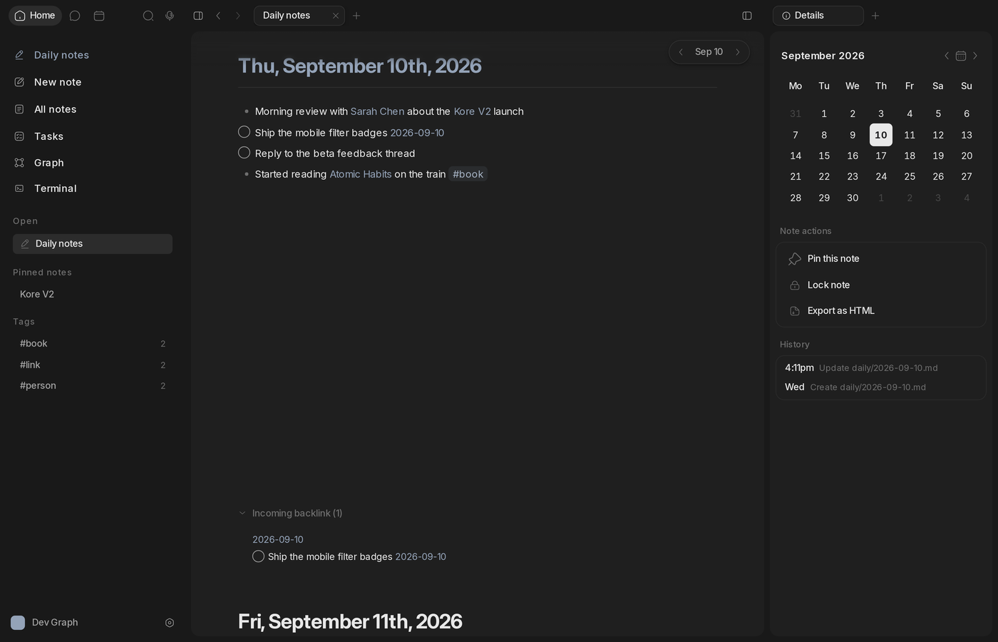 Kore daily note in the Graphite theme