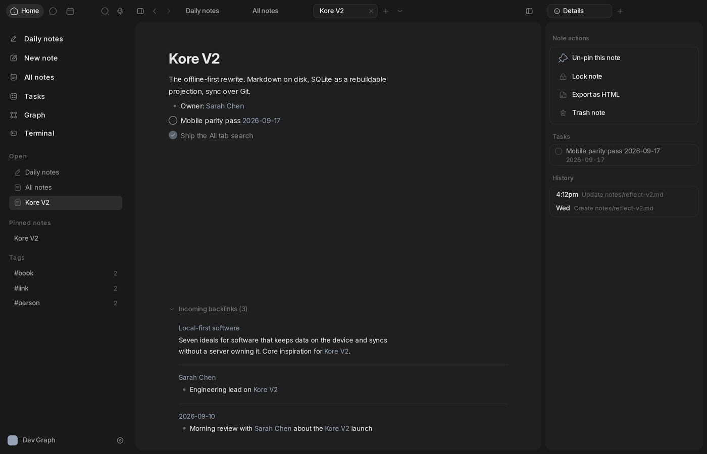 A plain Markdown note open in Kore